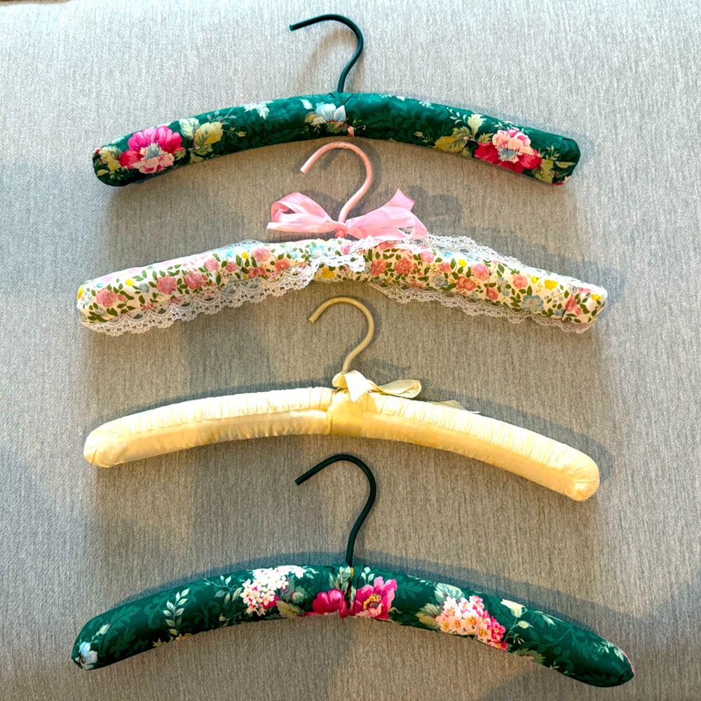 Set of 4 Vintage Fabric Covered Hangers with Cushioning Under Fabric